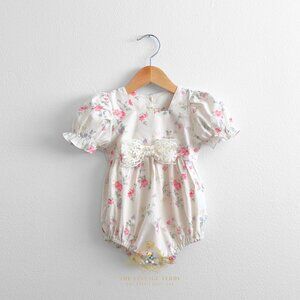 NWT Pretty Girls Floral Romper Bubble One-Piece & Headband Set Cream & Pink 6-9M